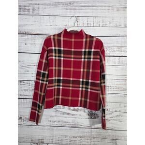TAHARI Women's Plaid Mock Neck Sweater Red and Black Long Sleeve Size M